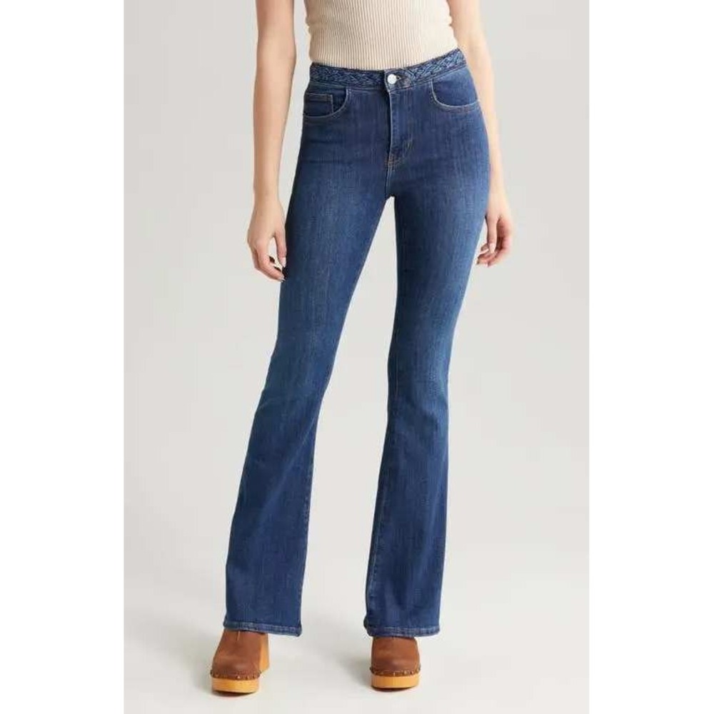FRAME Braided Waist Flare Hem Jeans Medium Wash Blue High Rise Denim Size 26